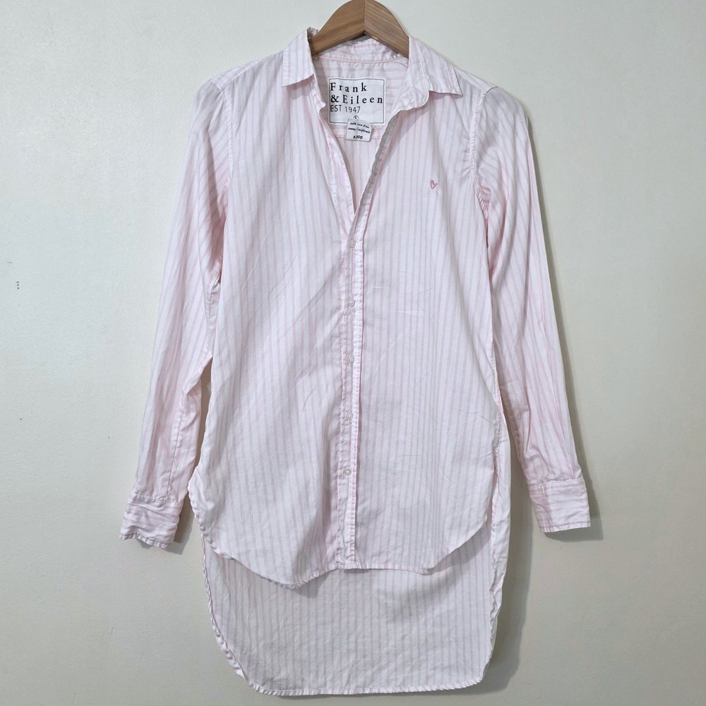 Frank & Eileen Grayson Striped Button Up Tunic Top Sz S Pink Long Preppy Coastal